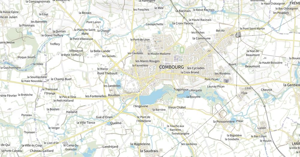 Plan de Combourg et de ses environs, avec le centre-ville et le lac. L’emplacement de l’atelier n’est pas indiqué.